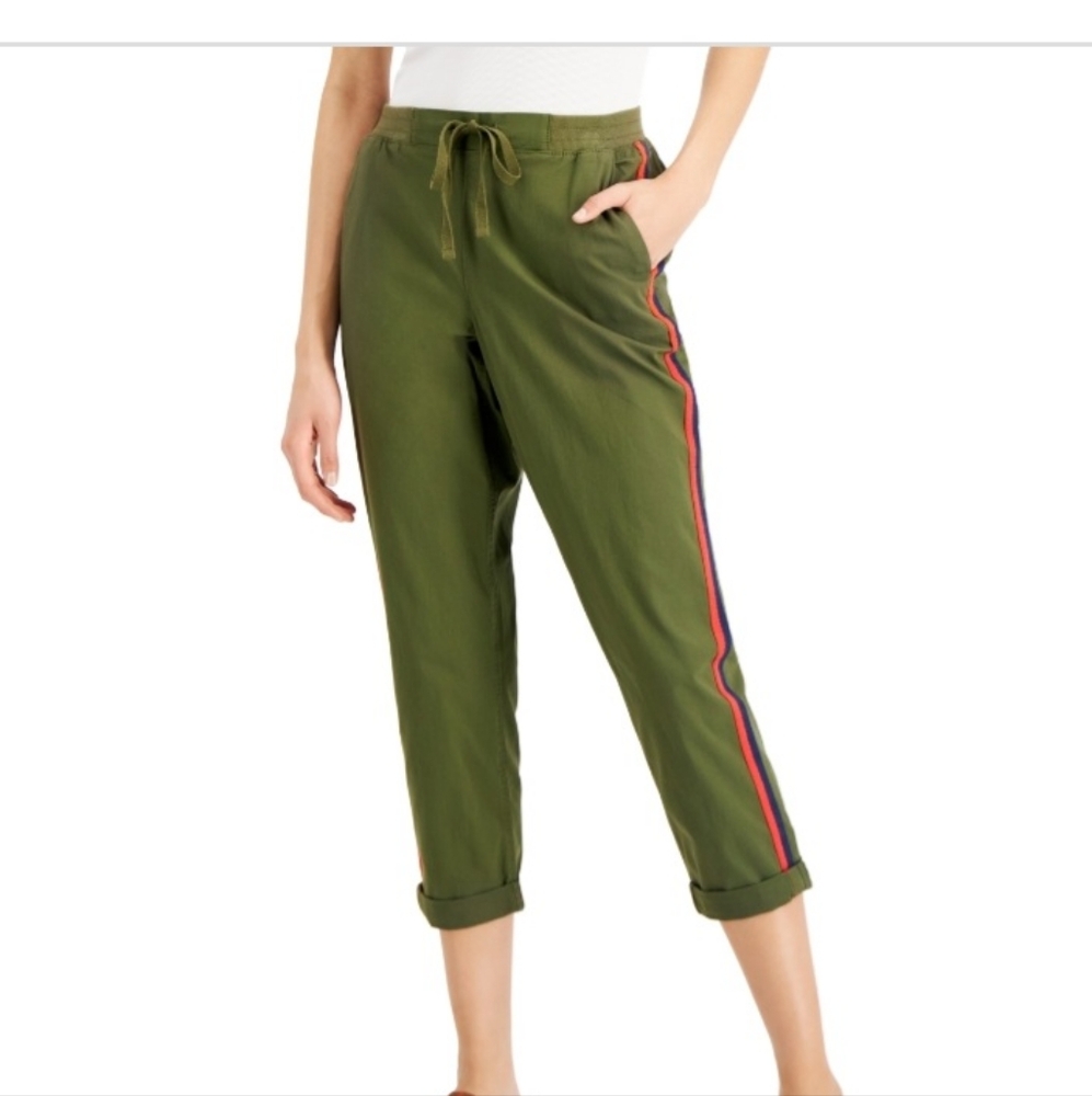 Style & Co Women's Twill Stripe Side Pull-on Pants Moss Size XL